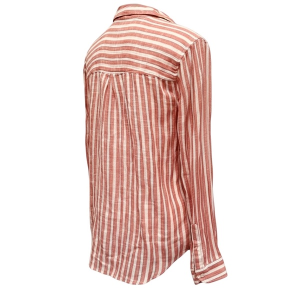 Lucky Brand Women’s Coral Cream Blue Pinstripe Button Down Shirt Large Top - Picture 4 of 6